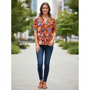 CAbi Orange Floral V-Neck Short Sleeve Button Front Blouse Top S